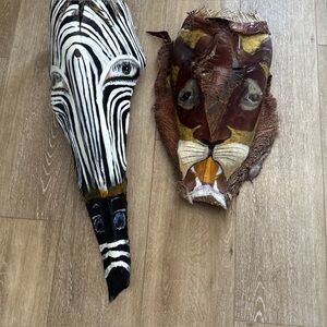 African Grassland Animals (Lion and Zebra) Made from Palm Tree Bark Signed Piece